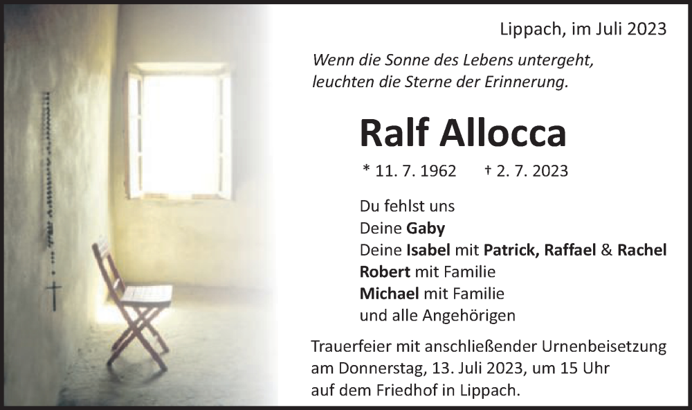  Traueranzeige für Ralf Allocca vom 08.07.2023 aus Schwäbische Post