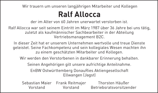 Traueranzeige von Ralf Allocca von Schwäbische Post