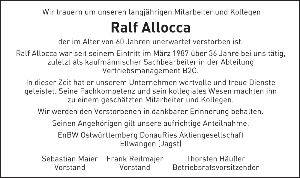  Traueranzeige für Ralf Allocca vom 11.07.2023 aus Schwäbische Post