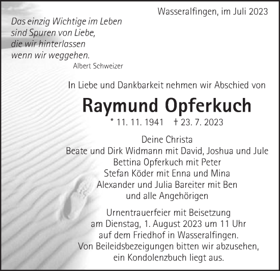 Traueranzeige von Raymund Opferkuch von Schwäbische Post