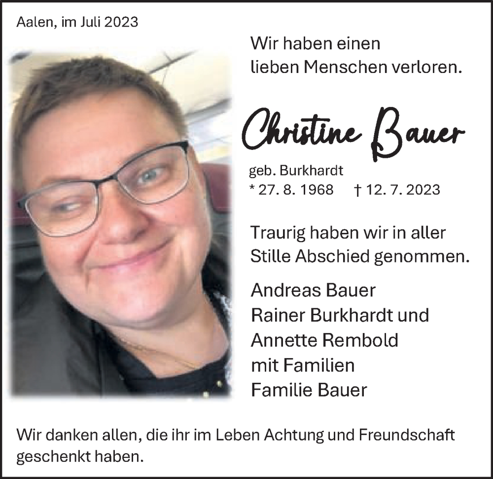  Traueranzeige für Christine Bauer vom 22.07.2023 aus Schwäbische Post
