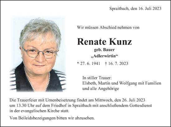 Traueranzeige von Renate Kunz von Gmünder Tagespost