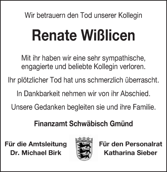 Traueranzeige von Renate Wißlicen von Gmünder Tagespost