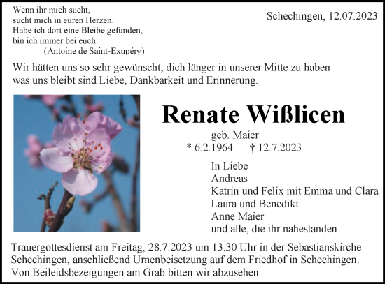 Traueranzeige von Renate Wißlicen von Gmünder Tagespost