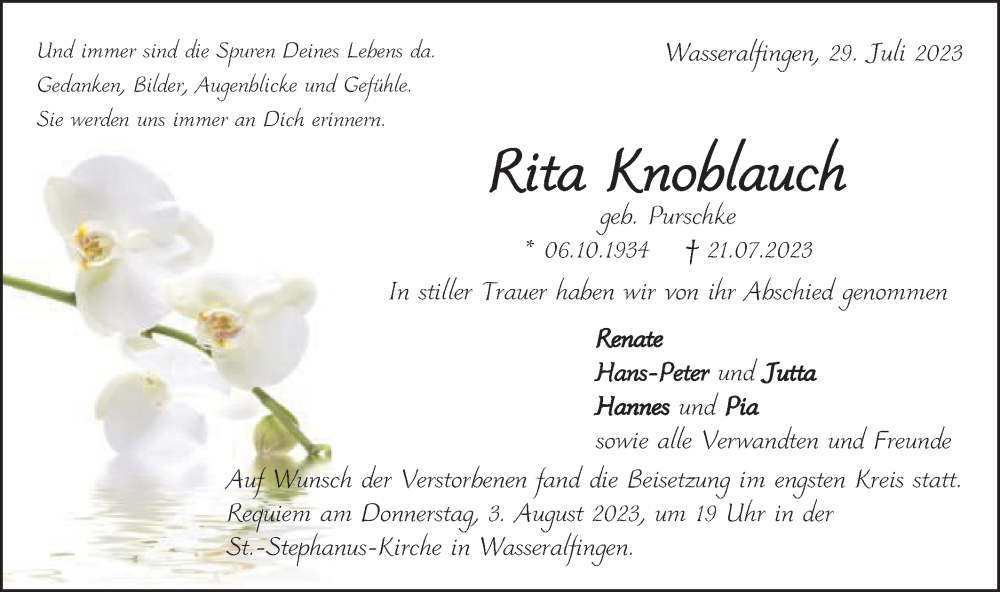  Traueranzeige für Rita Knoblauch vom 29.07.2023 aus Schwäbische Post