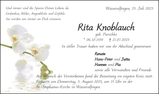 Traueranzeige von Rita Knoblauch von Schwäbische Post