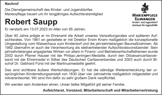 Traueranzeige von Robert Saupp von Schwäbische Post