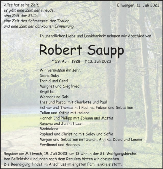Traueranzeige von Robert Saupp von Schwäbische Post