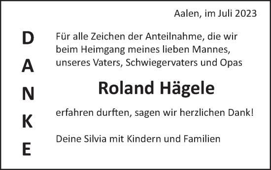 Traueranzeige von Roland Hägele von Schwäbische Post