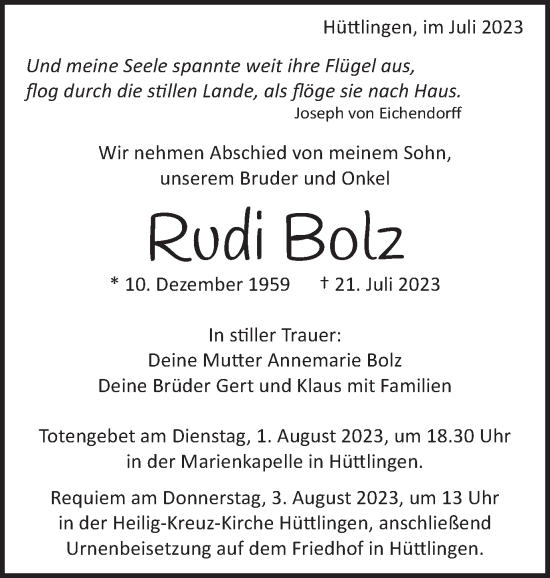 Traueranzeige von Rudi Bolz von Schwäbische Post