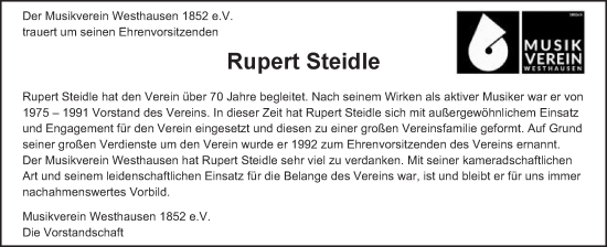 Traueranzeige von Rupert Steidle von Schwäbische Post