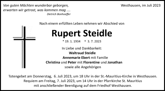 Traueranzeige von Rupert Steidle von Schwäbische Post