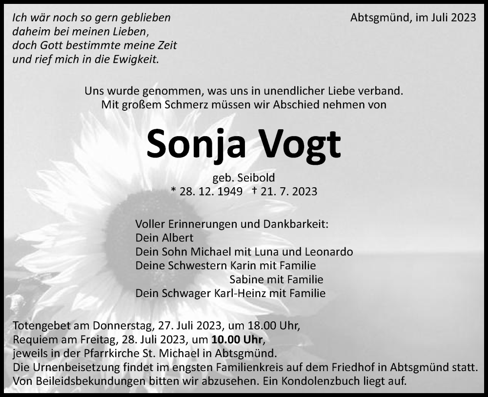  Traueranzeige für Sonja Vogt vom 25.07.2023 aus Schwäbische Post