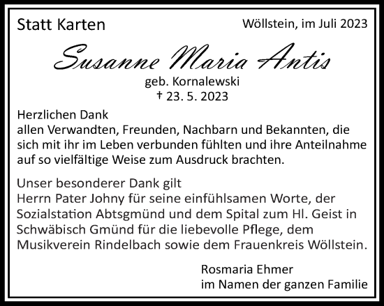 Traueranzeige von Susanne Maria Antis von Schwäbische Post