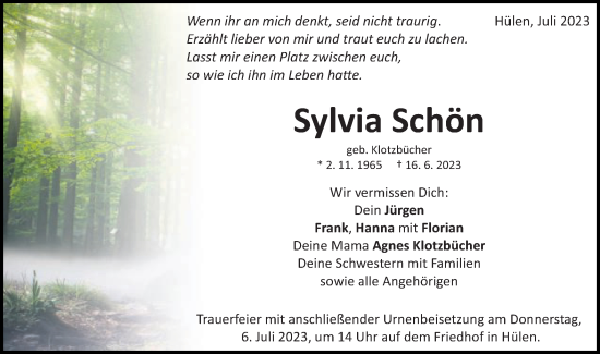 Traueranzeige von Sylvia Schön von Schwäbische Post
