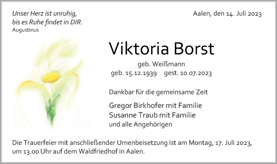 Traueranzeige von Viktoria Borst von Schwäbische Post