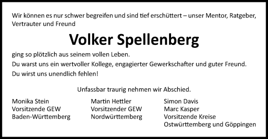 Traueranzeige von Volker Spellenberg von Schwäbische Post