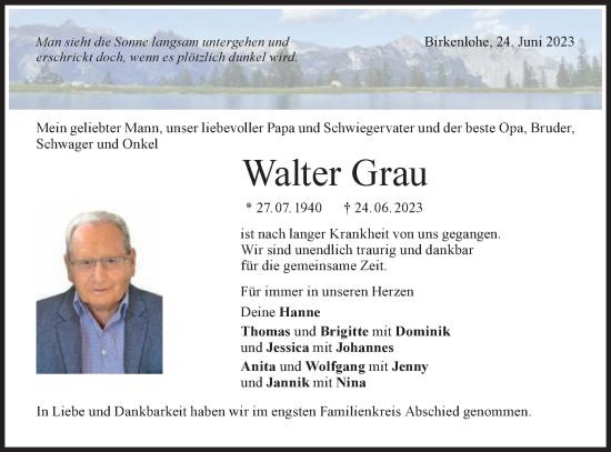 Traueranzeige von Walter Grau von Gmünder Tagespost