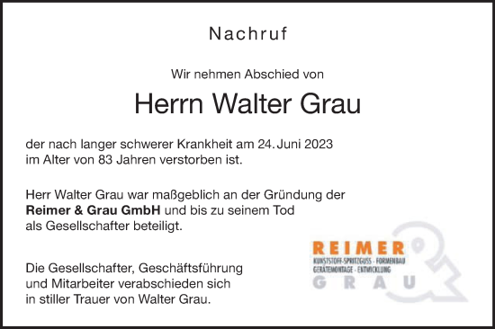 Traueranzeige von Walter Grau von Gmünder Tagespost