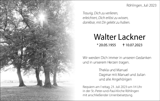 Traueranzeige von Walter Lackner von Schwäbische Post