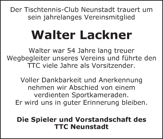 Traueranzeige von Walter Lackner von Schwäbische Post