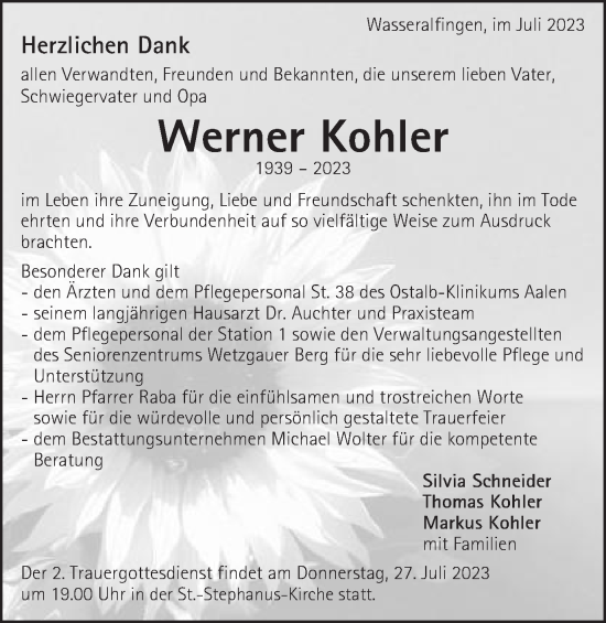 Traueranzeige von Werner Kohler von Schwäbische Post