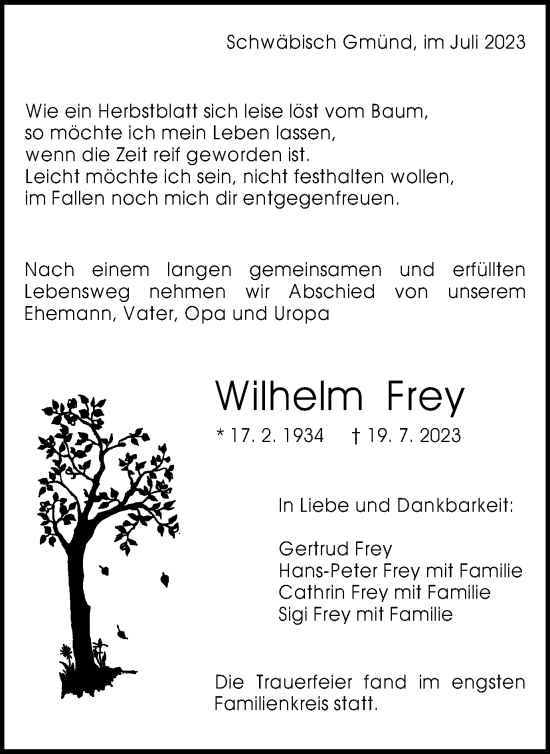 Traueranzeige von Wilhelm Frey von Gmünder Tagespost
