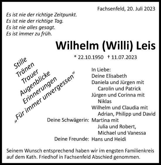 Traueranzeige von Wilhelm Leis von Schwäbische Post