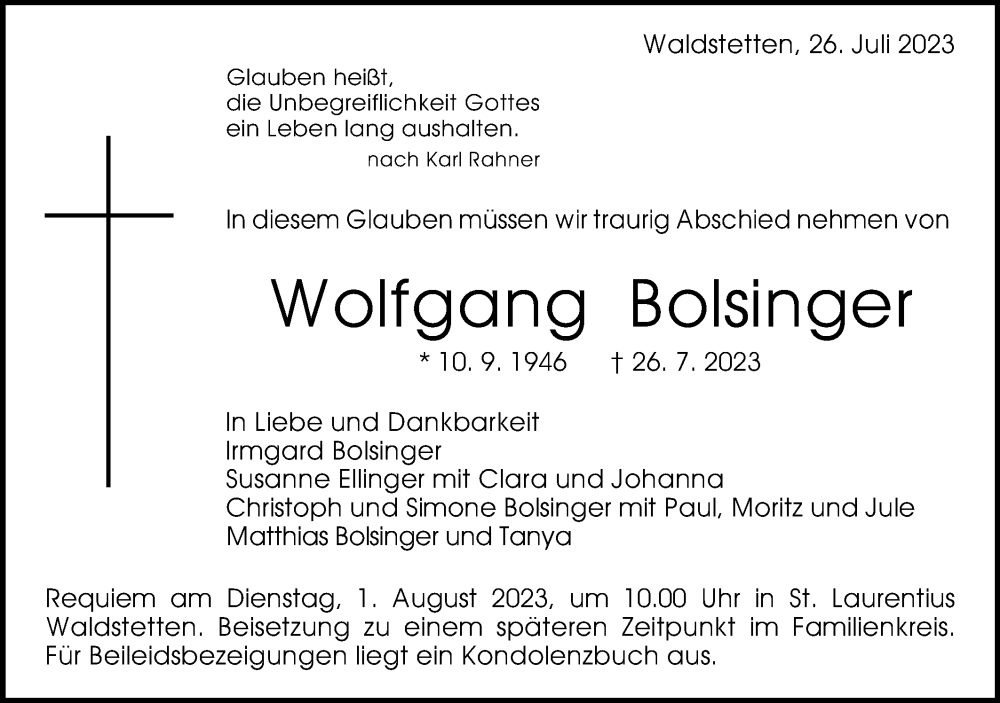  Traueranzeige für Wolfgang Bolsinger vom 29.07.2023 aus Gmünder Tagespost