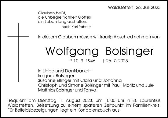 Traueranzeige von Wolfgang Bolsinger von Gmünder Tagespost