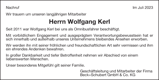 Traueranzeige von Wolfgang Kerl von Schwäbische Post