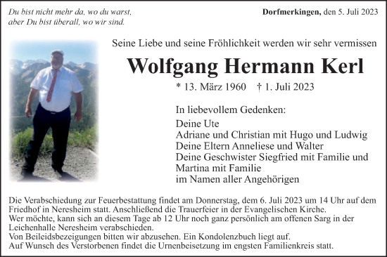 Traueranzeige von Wolfgang Hermann Kerl von Schwäbische Post