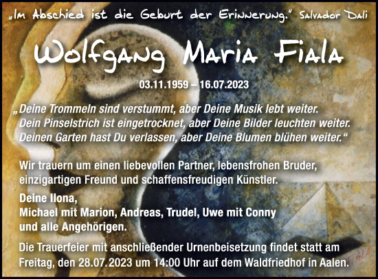 Traueranzeige von Wolfgang Maria Fiala von Schwäbische Post