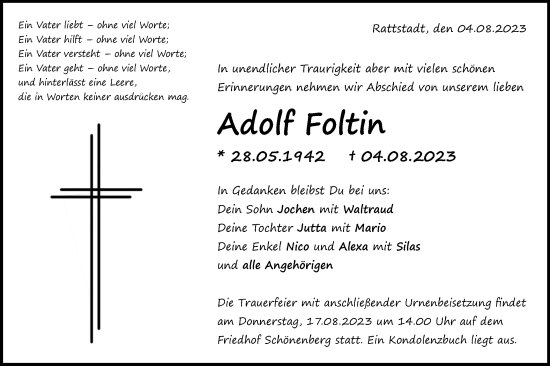 Traueranzeige von Adolf Foltin von Schwäbische Post