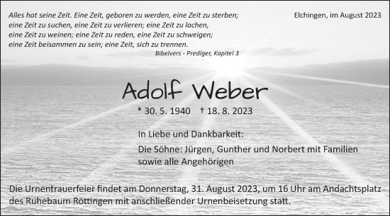 Traueranzeige von Adolf Weber von Schwäbische Post