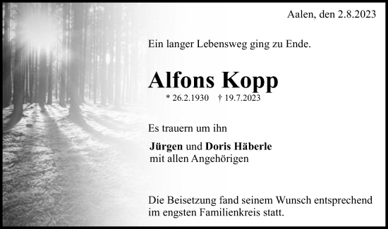 Traueranzeige von Alfons Kopp von Schwäbische Post