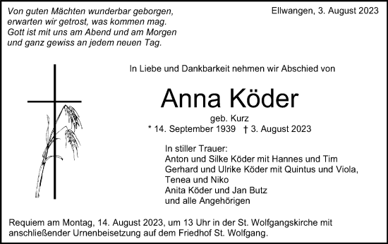 Traueranzeige von Anna Köder von Schwäbische Post