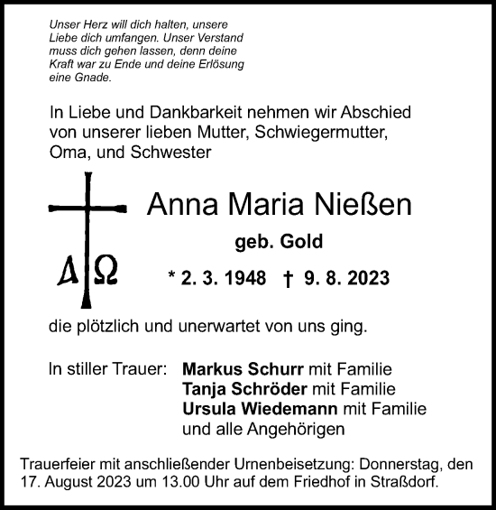 Traueranzeige von Anna Maria Nießen von Gmünder Tagespost