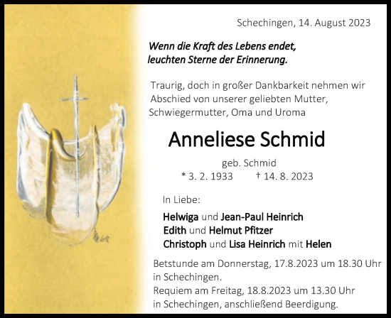 Traueranzeige von Anneliese Schmid