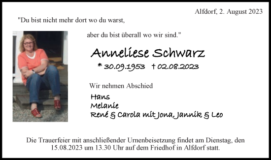 Traueranzeige von Anneliese Schwarz von Gmünder Tagespost