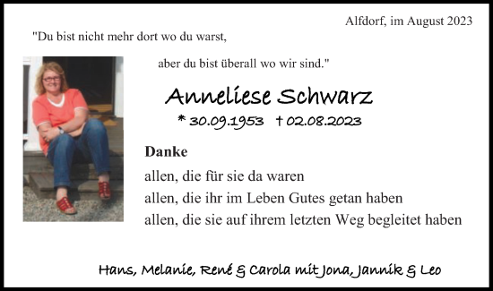 Traueranzeige von Anneliese Schwarz von Gmünder Tagespost