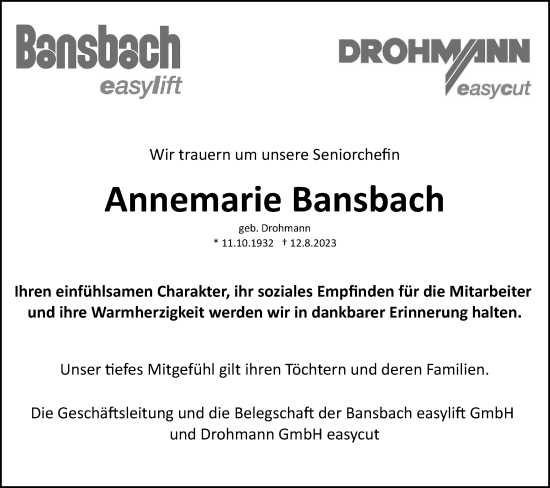 Traueranzeige von Annemarie Bansbach von Gmünder Tagespost
