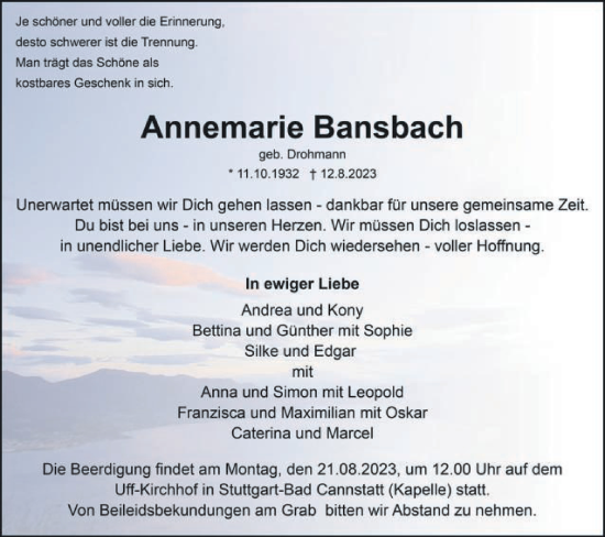 Traueranzeige von Annemarie Bansbach von Gmünder Tagespost
