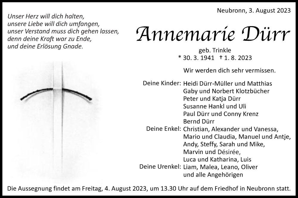  Traueranzeige für Annemarie Dürr vom 03.08.2023 aus Schwäbische Post
