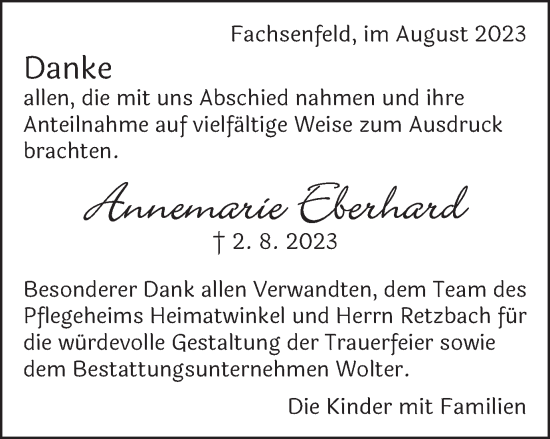 Traueranzeige von Annemarie Eberhard von Schwäbische Post