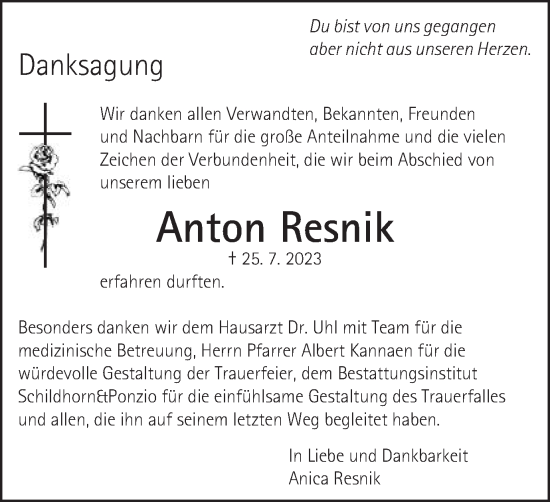 Traueranzeige von Anton Resnik von Schwäbische Post