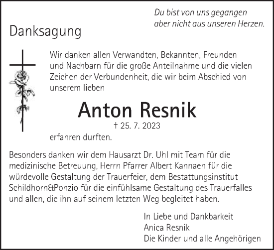 Traueranzeige von Anton Resnik von Schwäbische Post