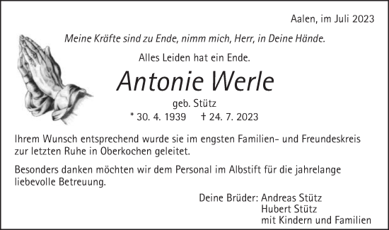 Traueranzeige von Antonie Werle von Schwäbische Post