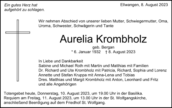 Traueranzeige von Aurelia Krombholz von Schwäbische Post