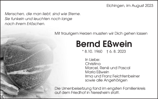 Traueranzeige von Bernd Eßwein von Schwäbische Post